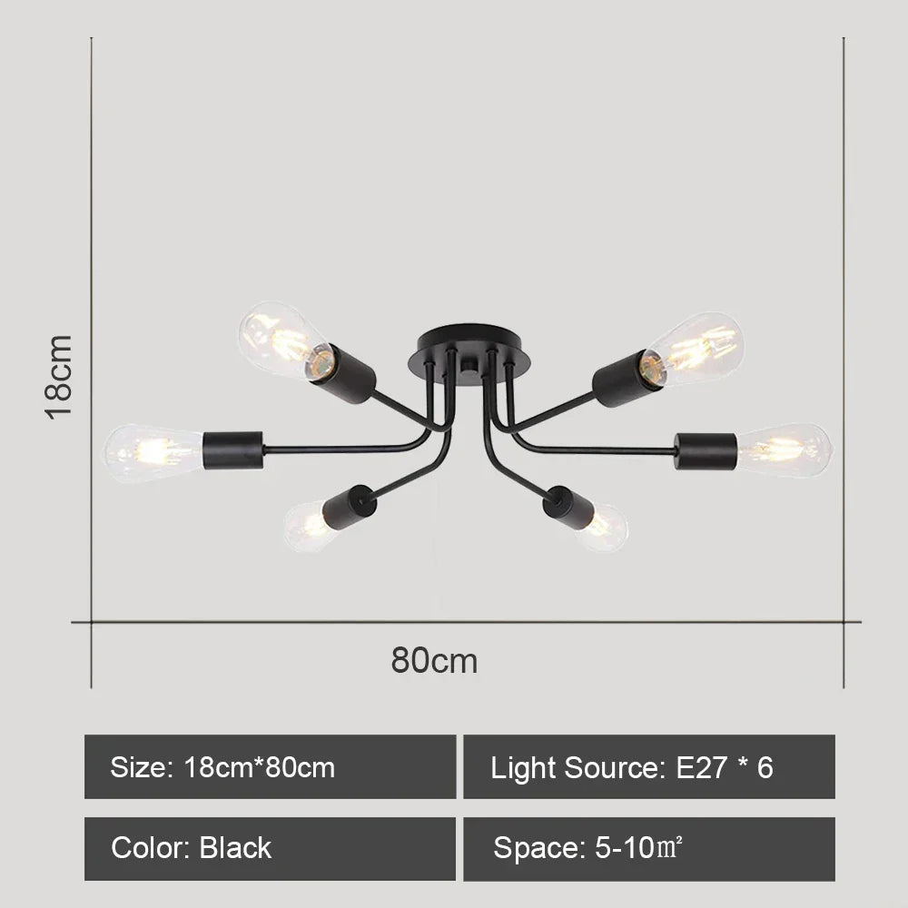 Modern Rod Iron Sputnik Chandelier Vintage Ceiling Lamp for Home Lighting