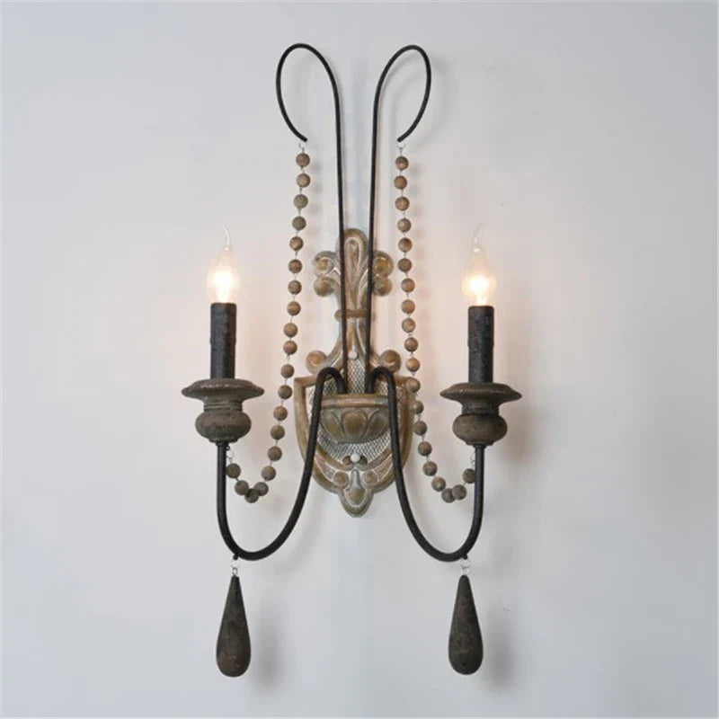 Vintage Wood Bead Wall Sconce Farmhouse Lighting