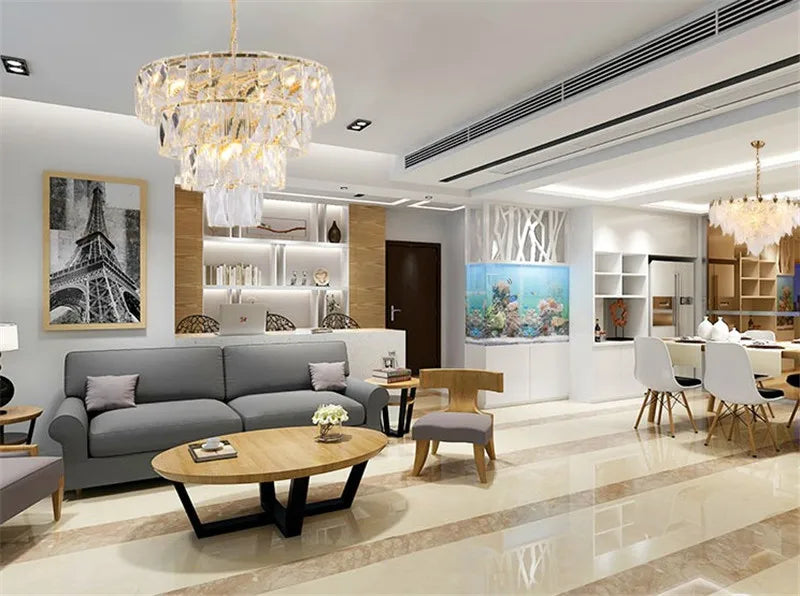 Gold Steel Crystal LED Pendant Light Fixture Luxe Round Hanging Lamp