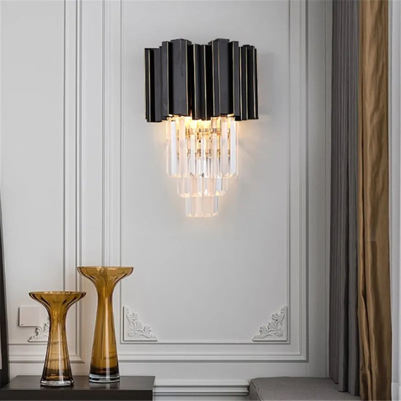 Gold Black Crystal Wall Sconce, Modern K9 Crystal Drops Shade Wall Lamp
