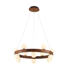 Round Glass Walnut Chandelier - Solid Wood Pendant Light for Living, Dining, Bedroom
