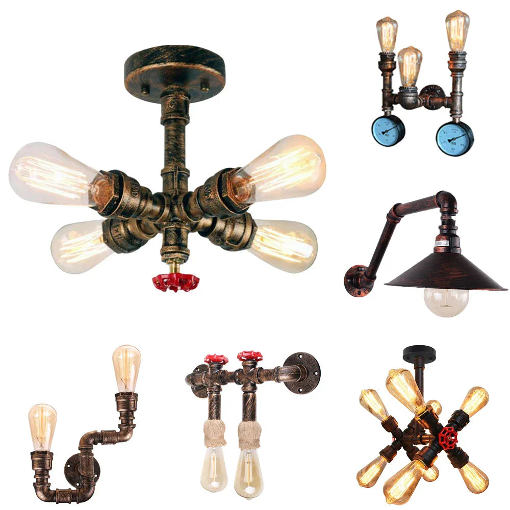 Water Pipe Wall Light Retro Iron Multi Lights E27 Vintage Industrial Loft