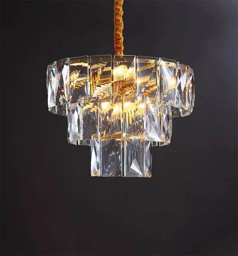 Gold Steel Crystal LED Pendant Light Fixture Luxe Round Hanging Lamp