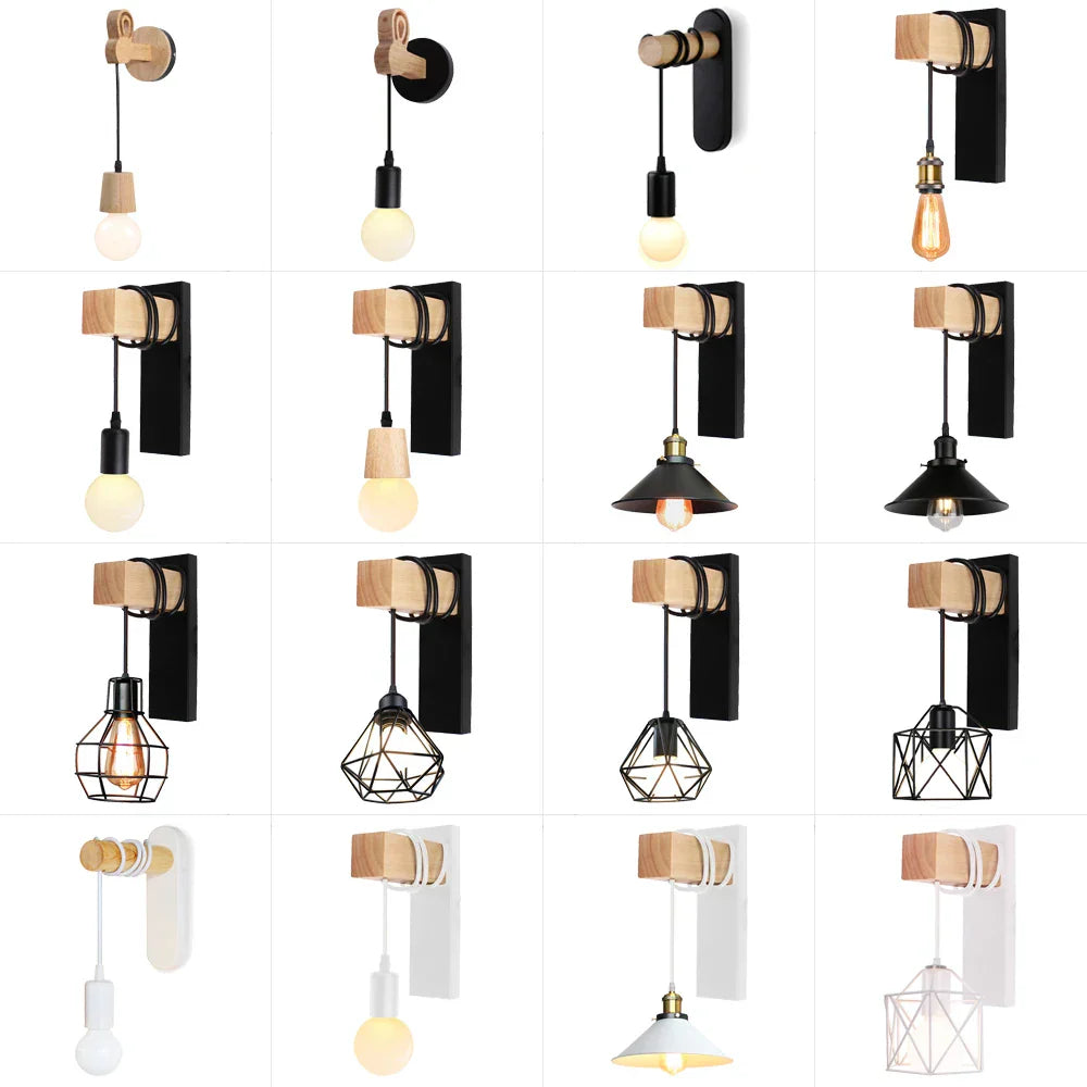 Industrial Iron Wood Wall Lamp E27 Modern Nordic Sconce by for Home Decor Bedroom