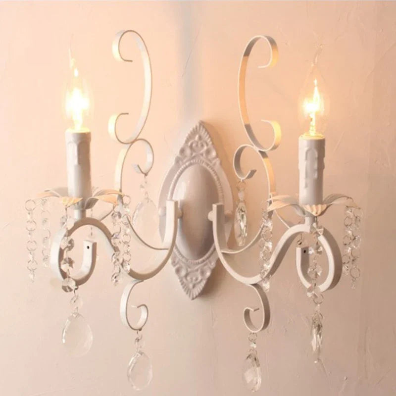 Vintage Wrought Iron Crystal Chandelier White Ceiling Lamp with E14 Candle Lights