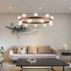 Round Glass Walnut Chandelier - Solid Wood Pendant Light for Living, Dining, Bedroom