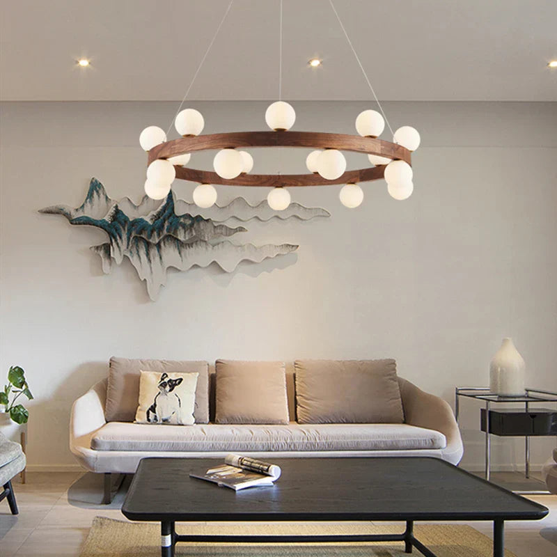 Round Glass Walnut Chandelier - Solid Wood Pendant Light for Living, Dining, Bedroom