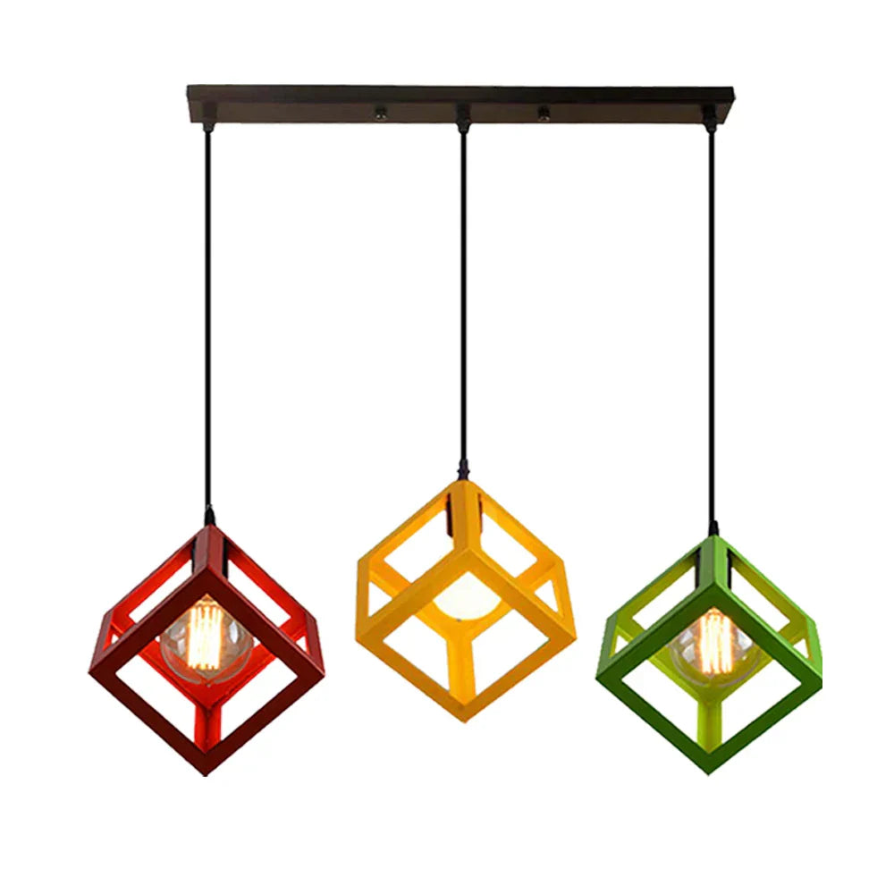 Geometric Cube Pendant Lights Trio Metal Shades Square Ceiling Lamps