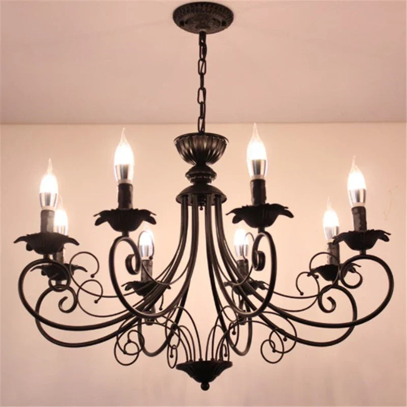 Retro Beige Black Chandelier - American Candle Lamp Iron Suspension Fixtures