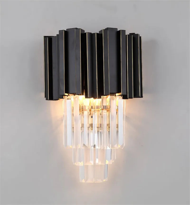 Gold Black Crystal Wall Sconce, Modern K9 Crystal Drops Shade Wall Lamp
