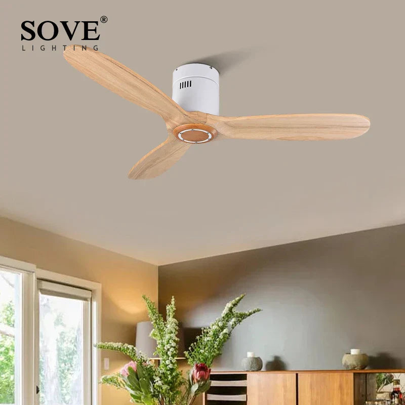 Black Vintage Wood Ceiling Fan with Remote Control - Retro Decorative Home Fan-Light