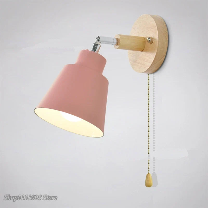 Nordic Wooden Wall Lights with Zipper Switch, Rotatable Modern Macaroon Sconce