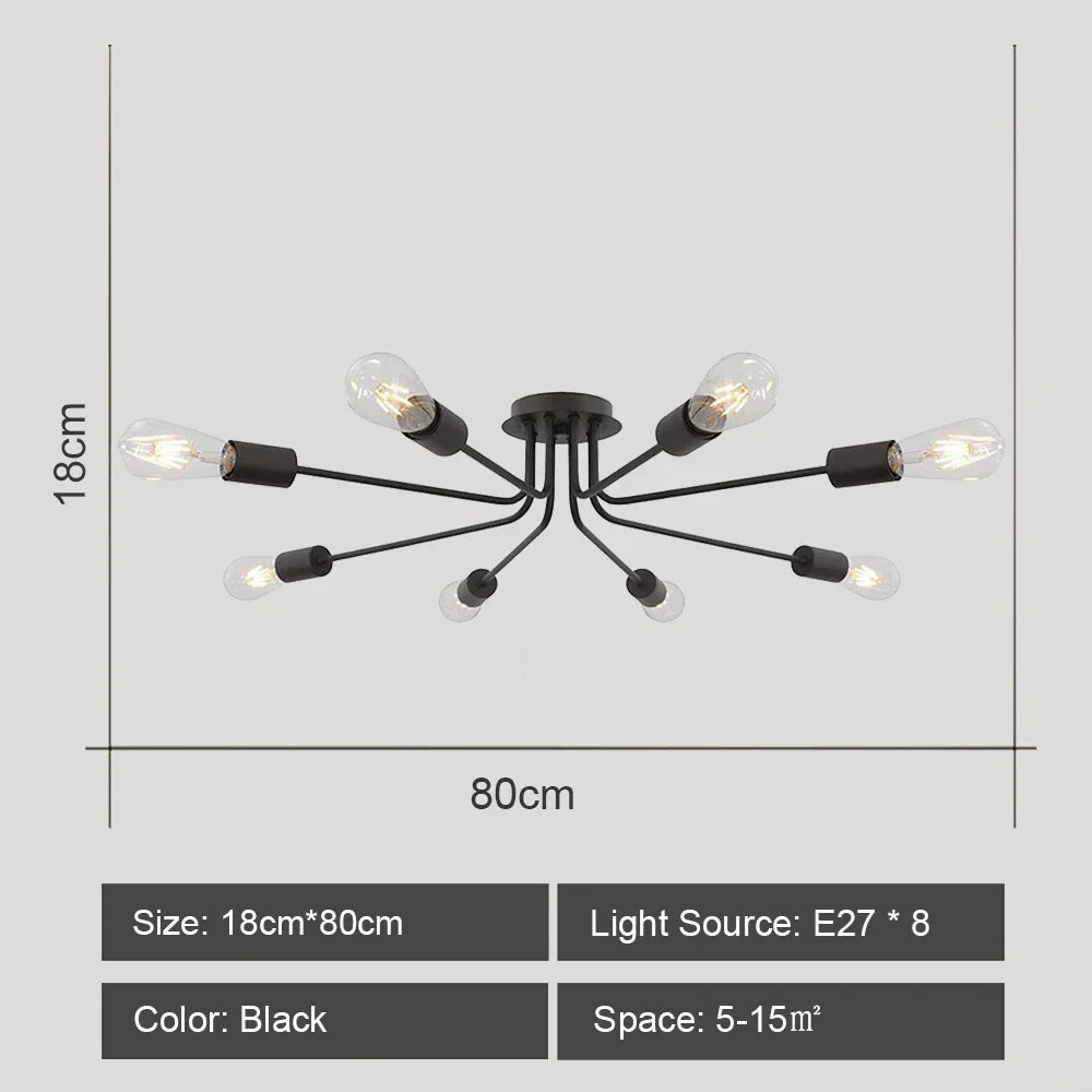 Modern Rod Iron Sputnik Chandelier Vintage Ceiling Lamp for Home Lighting