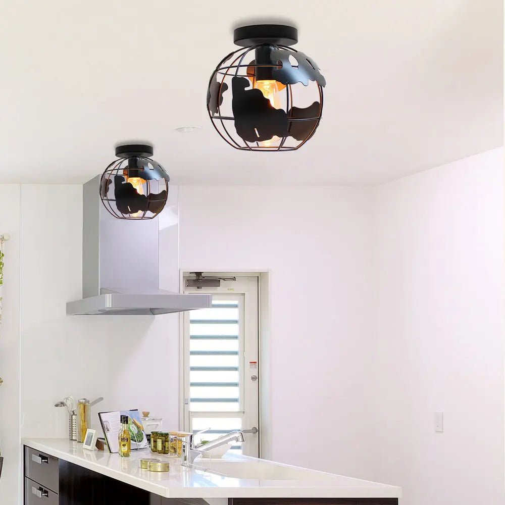 Afralia World Map Metal Wire Globe Ceiling Light Shade - Modern Loft Cage Shade