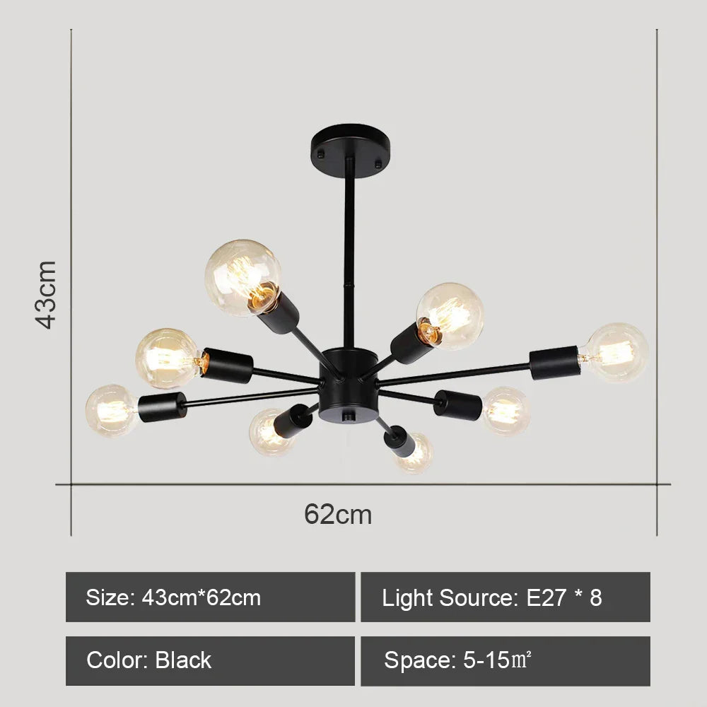 Modern Rod Iron Sputnik Chandelier Vintage Ceiling Lamp for Home Lighting