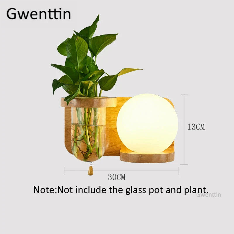 Nordic Wood Glass Wall Lamp LED DIY Plant Sconce Modern Luminaire