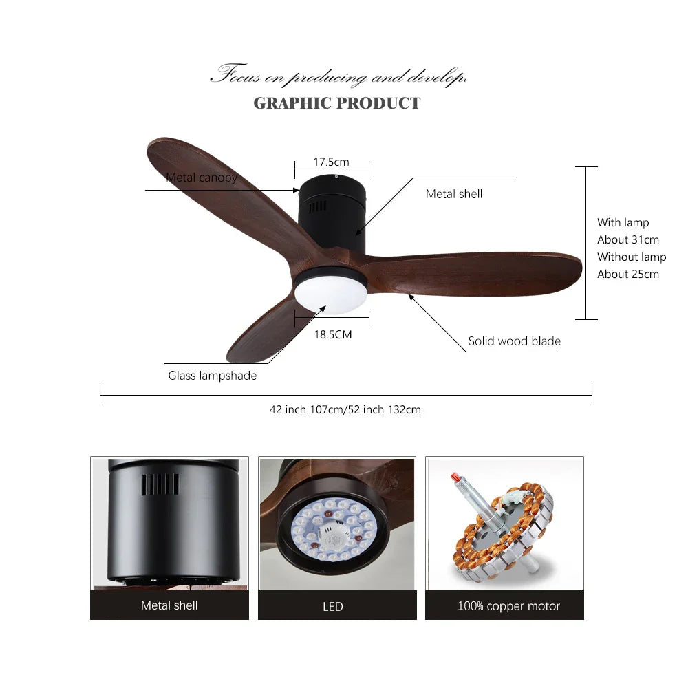 Black Vintage Wood Ceiling Fan with Remote Control - Retro Decorative Home Fan-Light