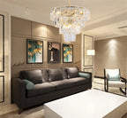 Gold Steel Crystal LED Pendant Light Fixture Luxe Round Hanging Lamp