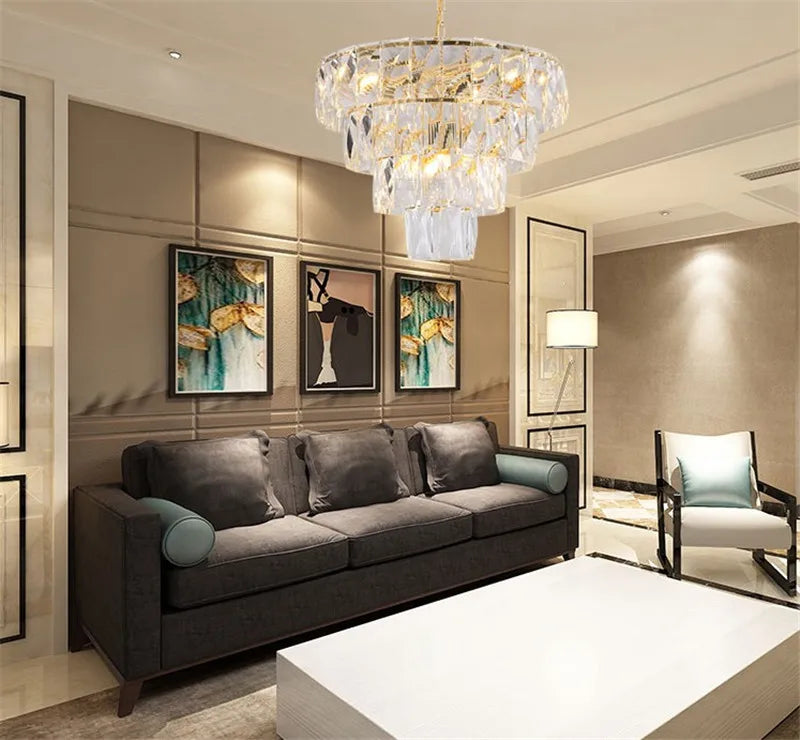 Gold Steel Crystal LED Pendant Light Fixture Luxe Round Hanging Lamp