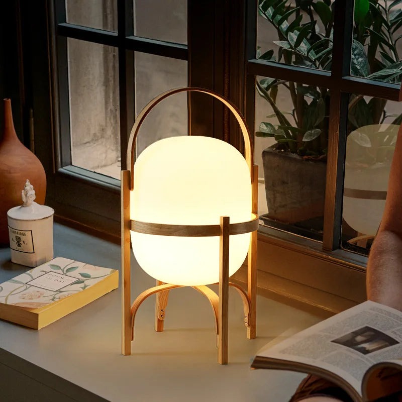 Japanese Style Glass Table Lamp with Wood/Metal Frame