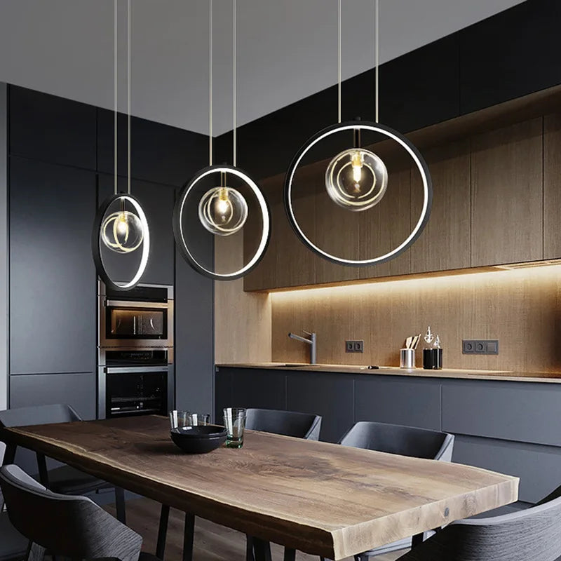 Metal Ring Glass Pendant Light: Nordic LED Ceiling Fixture for Home Interior Decoration