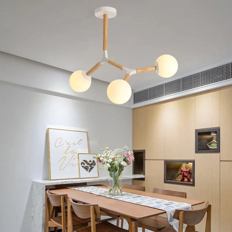 Nordic Wood Iron Glass Ball Chandelier LED Light Luxury Living Bedroom Restaurant Bar