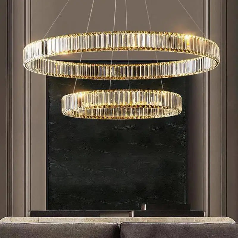 Luxury Crystal LED Chandelier: Dimmable Circle Droplight for Villa Stairs & Living Room