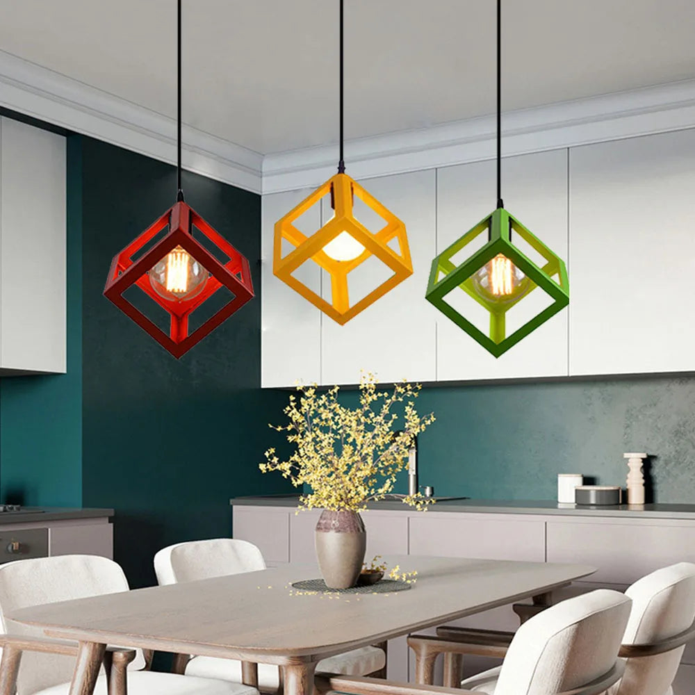Geometric Cube Pendant Lights Trio Metal Shades Square Ceiling Lamps