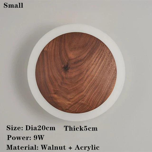 Walnut Round Solid Wood LED Wall Light for Bedroom Living Room Kitchen