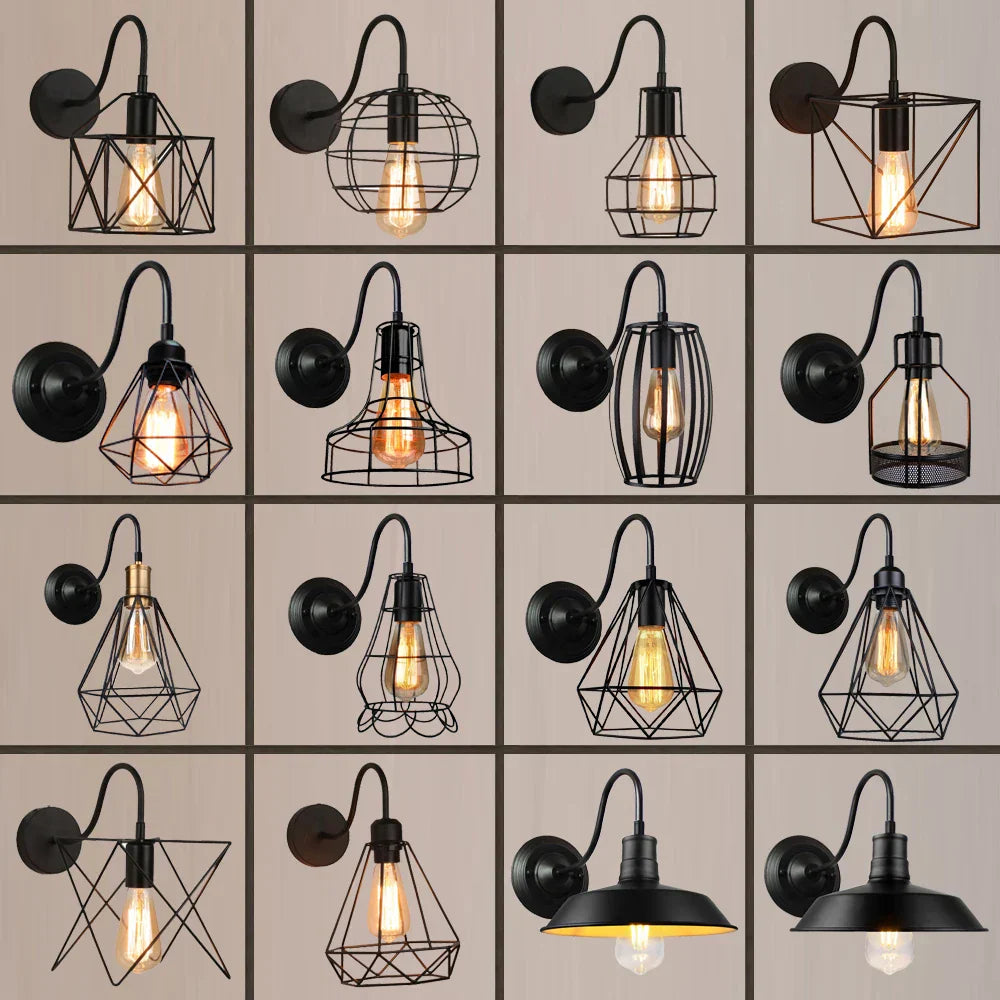Black Cage Guard Wall Sconce LED Lamp Indoor Retro Lighting Fixture