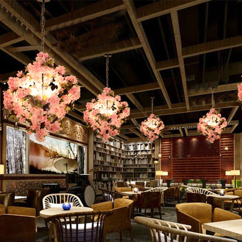 Green Plants Cherry Blossoms Chandelier, Elegant Pendant Lamp for Bar and Restaurant