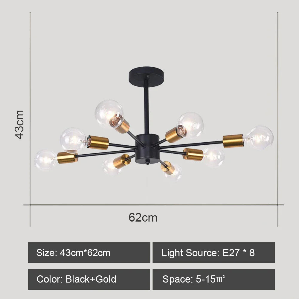 Modern Rod Iron Sputnik Chandelier Vintage Ceiling Lamp for Home Lighting