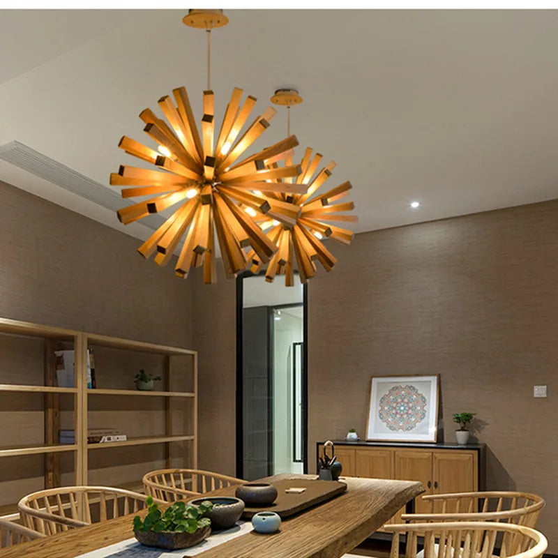 Nordic Dandelion Wooden Pendant Lights for Tea Room Dining Living, Artistic Personality Lamp