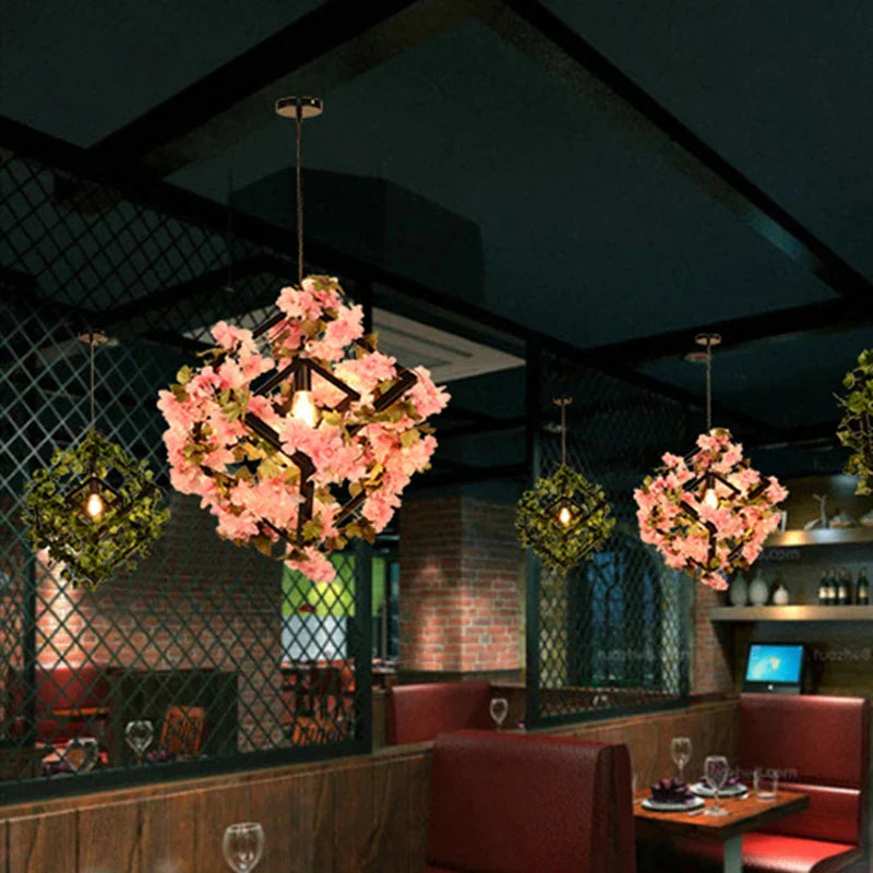 Green Plants Cherry Blossoms Chandelier, Elegant Pendant Lamp for Bar and Restaurant