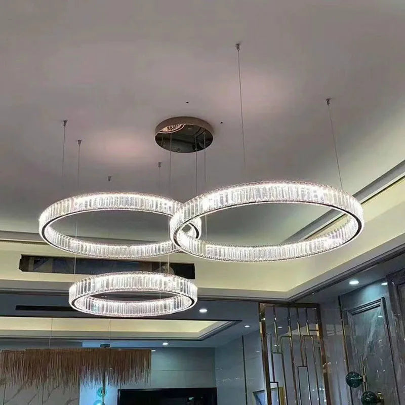 Luxury Crystal LED Chandelier: Dimmable Circle Droplight for Villa Stairs & Living Room