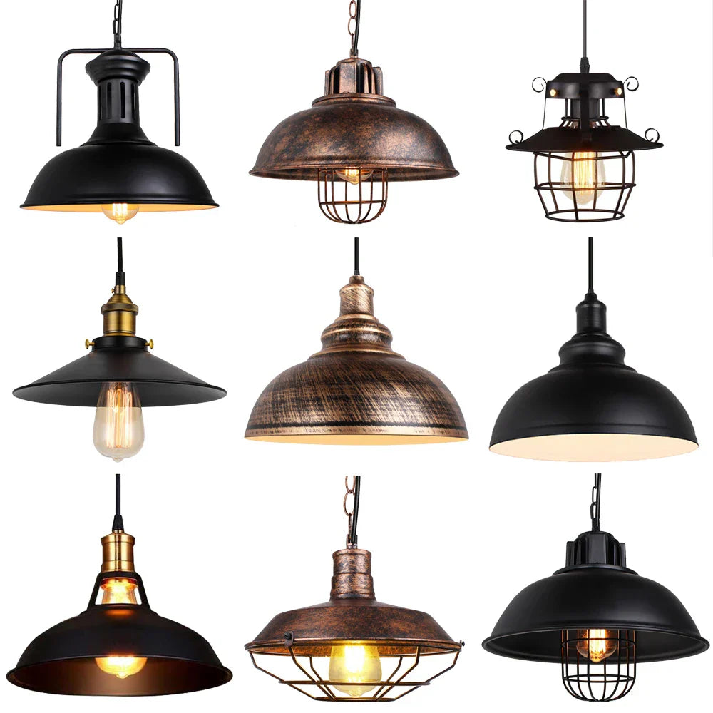 Retro Iron Pendant Light: Vintage Industrial Hanging Lamp for Home Decor