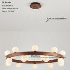 Round Glass Walnut Chandelier - Solid Wood Pendant Light for Living, Dining, Bedroom