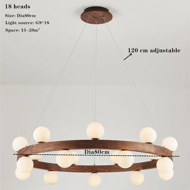 Round Glass Walnut Chandelier - Solid Wood Pendant Light for Living, Dining, Bedroom