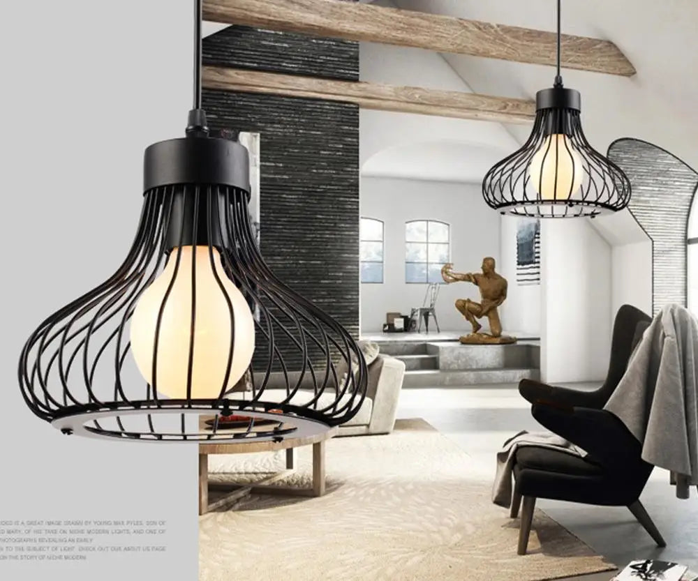 Iron Cage Pendant Lights for Modern Vintage Loft, Retro Home Decor Kitchen Bar LED