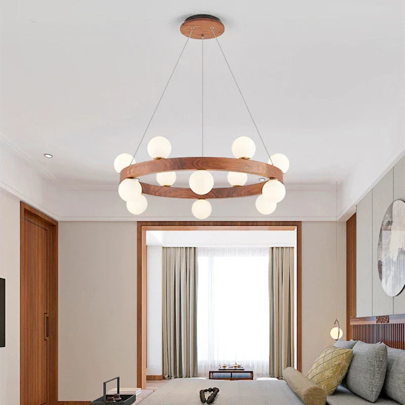 Round Glass Walnut Chandelier - Solid Wood Pendant Light for Living, Dining, Bedroom