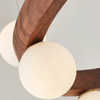Round Glass Walnut Chandelier - Solid Wood Pendant Light for Living, Dining, Bedroom