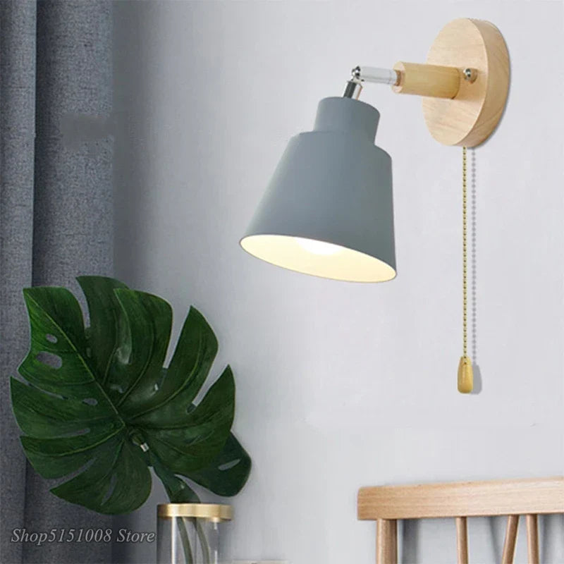 Nordic Wooden Wall Lights with Zipper Switch, Rotatable Modern Macaroon Sconce