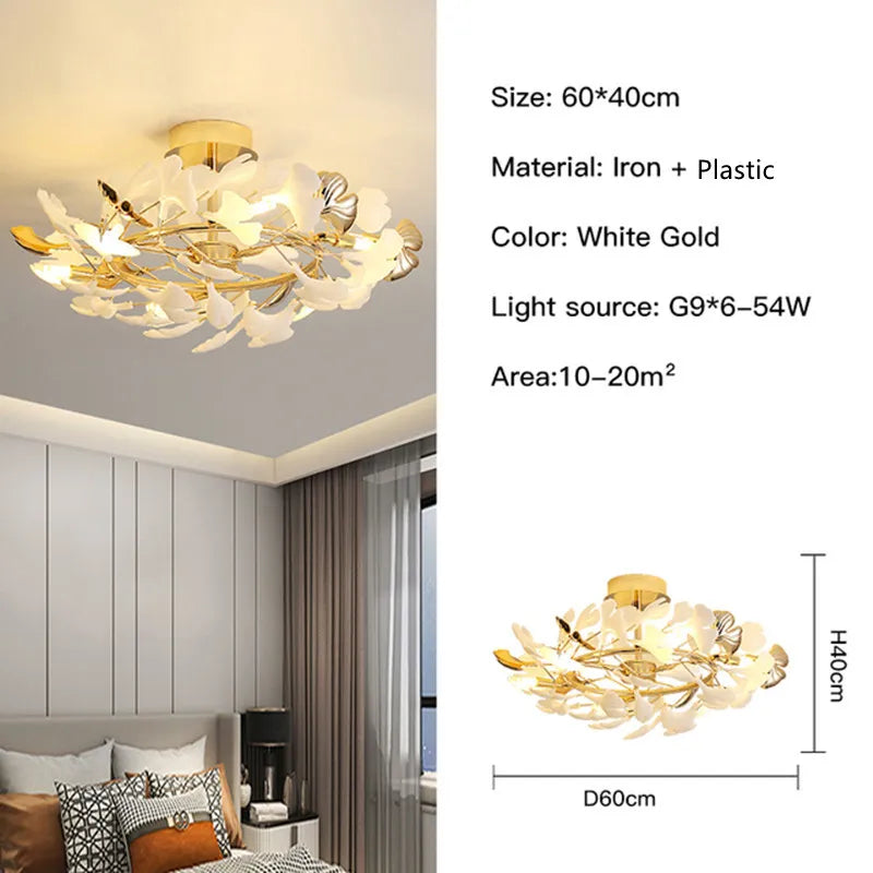 Gold Branches Chandelier with Porcelain Leaves Pendant Light - Luxury Living room Decor