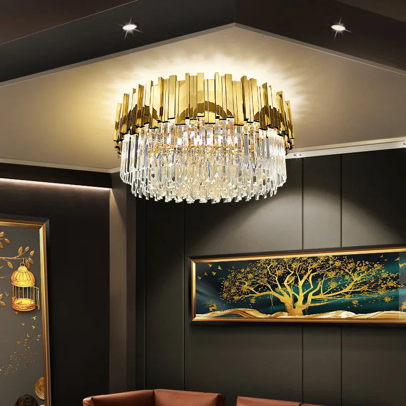 Gold Crystal Round LED Ceiling Light Fixture for Modern Living Room