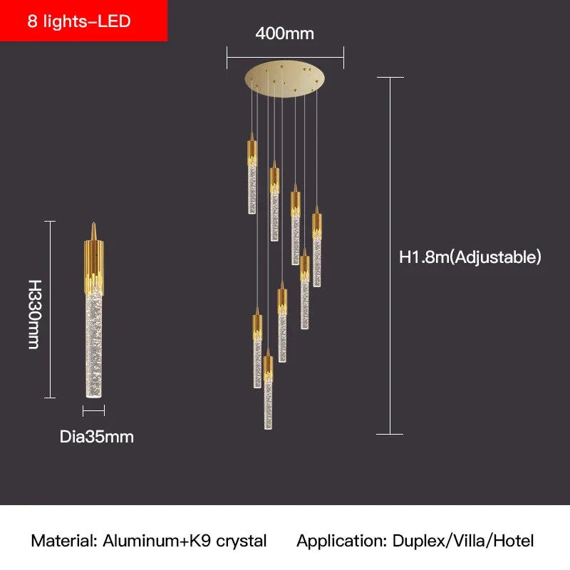 Crystal Staircase Chandelier: Modern Loft Hanging Lamps with Gold Finish