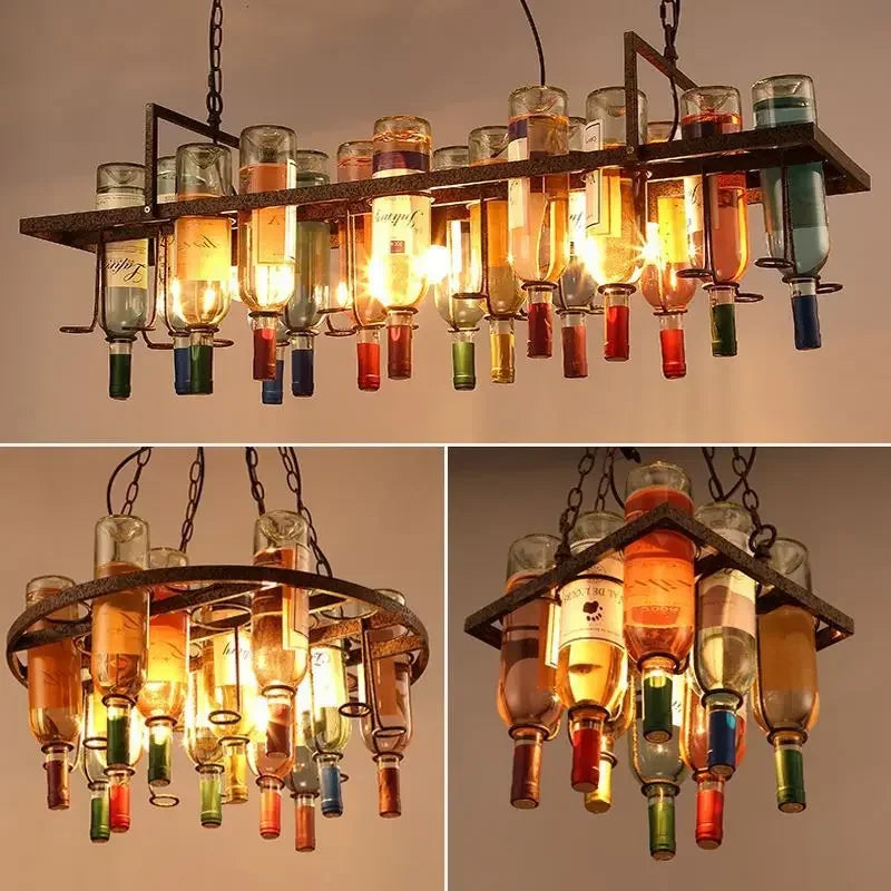 Industrial Metal Wine Bottle Chandelier for Coffee Shop Bar LED Decor