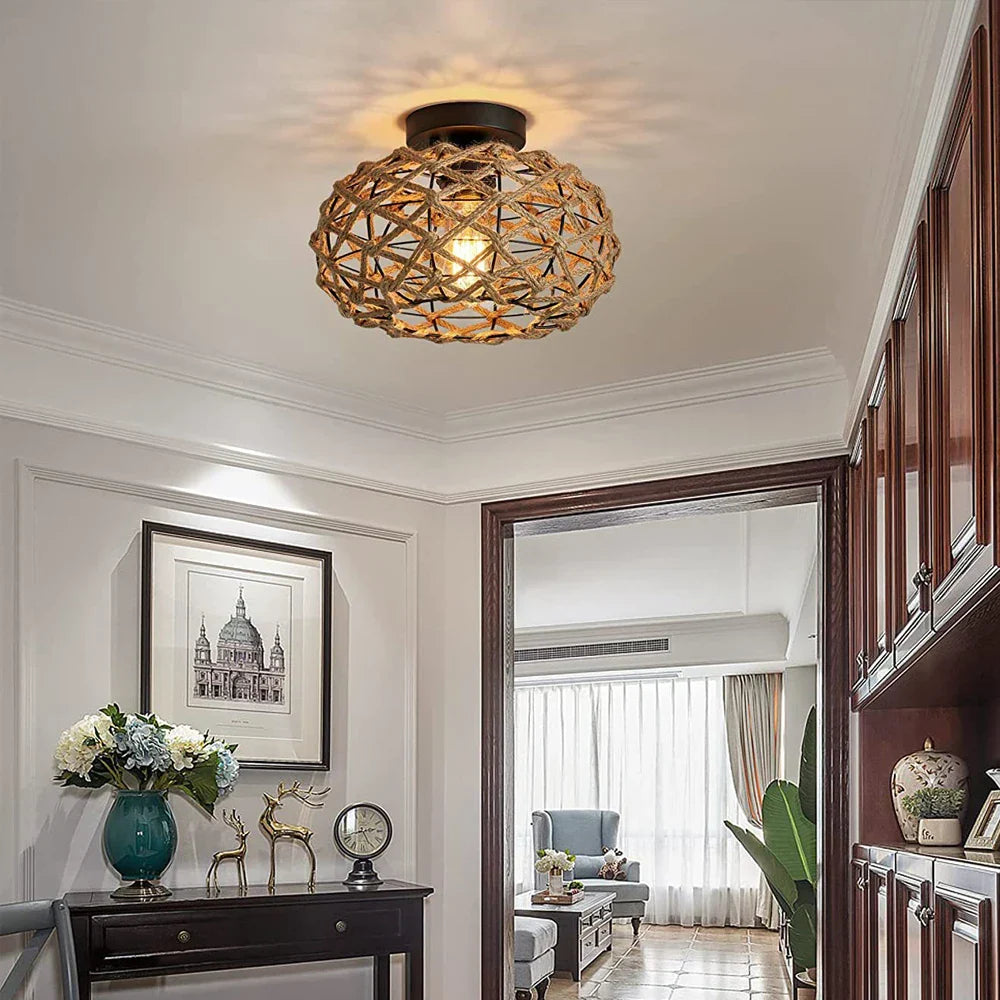 Rattan Ceiling Chandelier Rustic Retro Flush Mount Light Fixtures