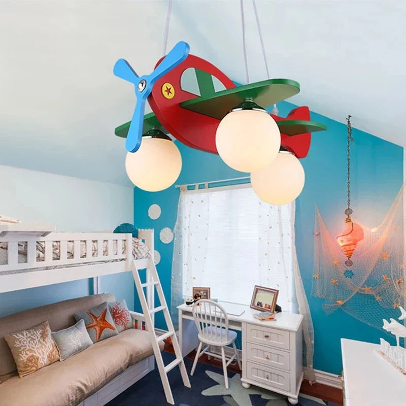 Wooden Airplane Chandelier for Boy's Room & Kindergarten - Creative & Modern Cartoon Lights