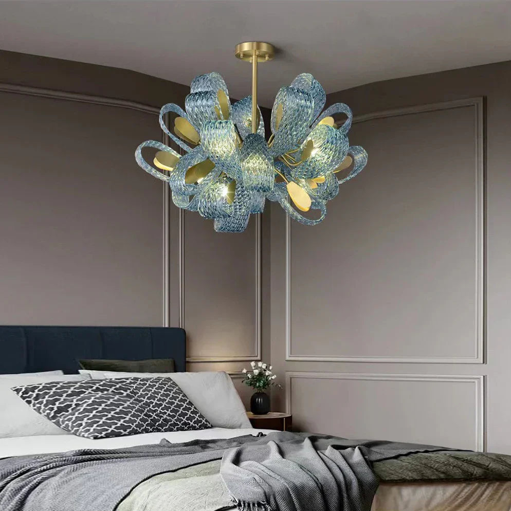 Peacock Leaf LED Ceiling Chandelier for Living Room - Modern Art Deco Blue Copper Lamp
