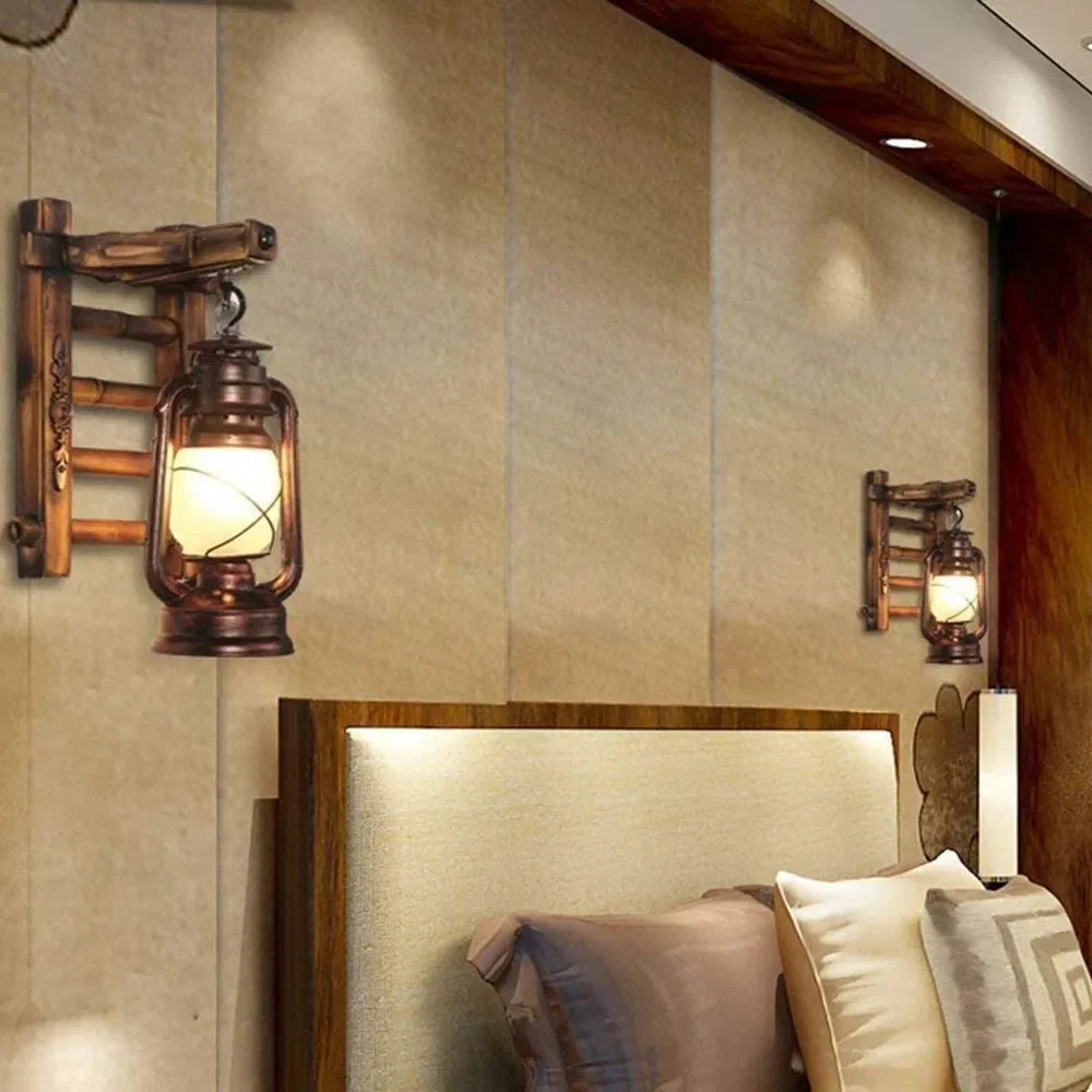 Vintage Industrial Wall Sconce Wooden Kerosene Lamp for Cafe Bar Decor